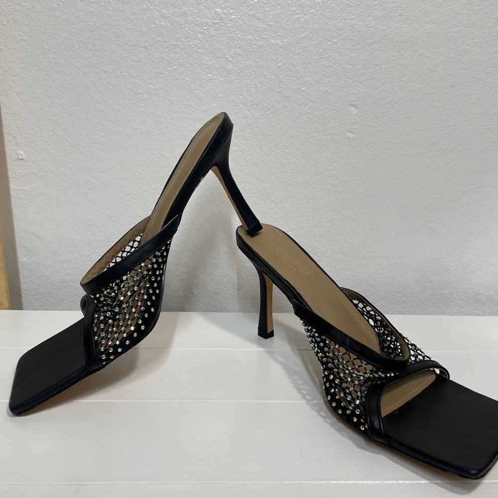 SIZE 11 - Fashion Nova Black Rhinestone Mesh Stiletto Mules